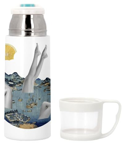 Thermoskanne aus Edelstahl mit integrierter Tasse – Japanische Meerjungfrau Hokusai Prägung Collage Art Surrealismus – 350 ml – Thermosflasche