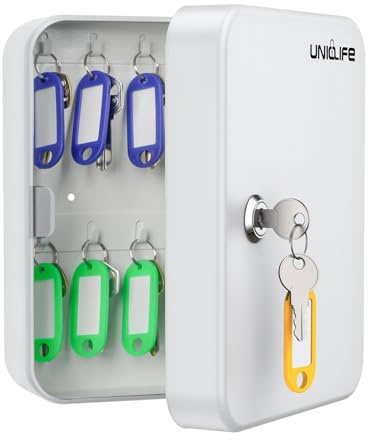 Uniclife Schlüsselschrank mit 20 Positionen, mit Schlüsselschloss, Wandmontage, weiß, Sicherheits-Aufbewahrungsbox, Stahl, Schlüssel-Organizer mit bunten Schlüsselanhänger-Etiketten, Identifikatoren