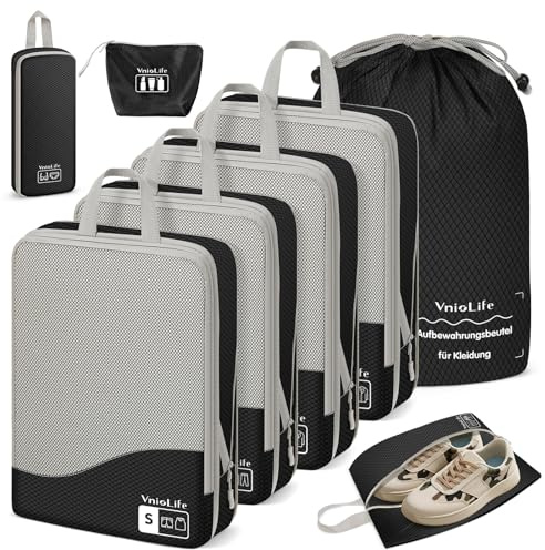 VnioLife 8 × Compression Packing Cubes, Koffer Organizer Kompression, Packtaschen Packwürfel Wasserdichte, Verpackungswürfel Kompression Leicht, Reise Organizer Set (Schwarz)
