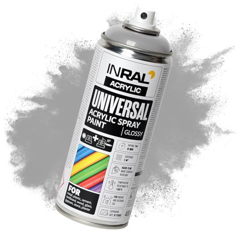 INRAL Sprayfärg – vit aluminium glänsande RAL9006 universell sprayfärg 400 ml. Sprayburk för metall, plast, trä och sten – hög täckning, regn- och UV-beständig färgspray för inomhus- och utomhusbruk