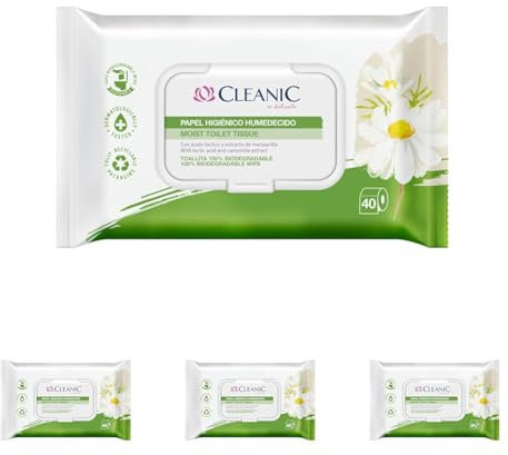 Cleanic - Papel Higiénico Hidratado - 40 Piezas - con Extracto de Manzanilla - Papel Higiénico Desechable - Toallitas Humedecidas para Limpieza Íntima - Apto para Pieles Sensibles (Paquete de 4)