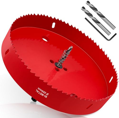 Yeepeo Sierras de Corona 200mm, M42 HSS Bi-Metal Corona Taladro con Adaptador Hexagonal y Taladro, Corona Metal para Pladur Madera Plástico, 1 pieza Rojo