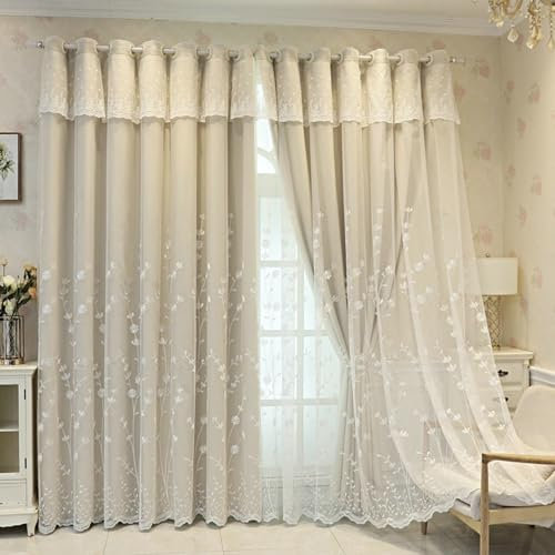Mesnt Thermovorhang mit Ösen, Beige 300x270cm Doppelschicht mit Blumen Bestickt Thermisch isolierter raumabdunkelnder Fenstervorhang