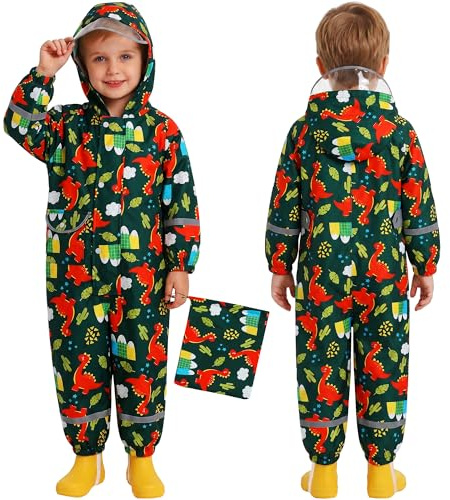 Baogaier Ragazzi Impermeabile con Cappuccio Bambini Tuta da Pioggia Leggero Tutto in Uno Giacche Tutina Antipioggia Poncho Impermeabili Abbigliamento 3-5 Anni, Dinosauro Verde Scuro