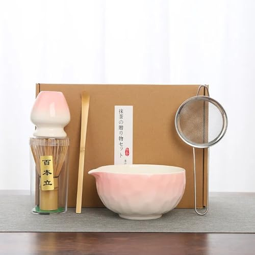 Lot de 5 sets de matcha rose avec passoire, fouet à matcha, cuillère à matcha, bol à matcha et support de fouet à matcha, service à thé japonais naturel (5, rose 03-1)