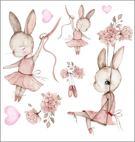 Bügelbilder Set für Textilien DIN A4 Kinder Mädchen Jungen Dino Einhorn Waldtiere Aufbügelbild zum aufbügeln verschiedene Designs Aufbügler Transferbilder (36 - Hasen Ballerina)