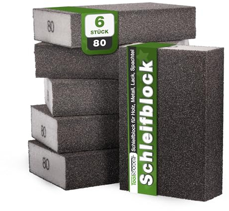 ToolSpace Schleifschwämme Schleifblock 6 Stück 80 Körnung 100x68x25 mm | Schleifpads Waschbar Wiederverwendbar Schleifklotz Schmirgelpapier Polieren Materialien Metall Stahl Holz Lack Nass Trocken