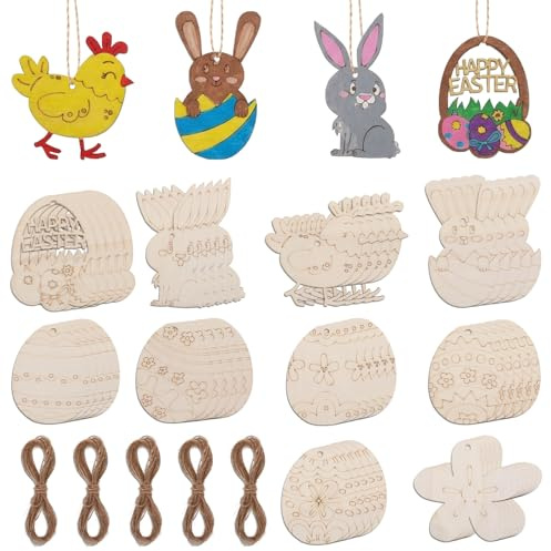 Qiimenguer 50 Stück Ostern Basteln Kinder Holzanhänger Unvollendete Ostereier zum Bemalen Geeignet für Handgemachte DIY-Osterdekorationen und Wohnaccessoires (A)