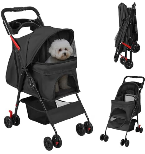 Hundebuggy bis 10 kg klappbar, mit Aufbewahrungskorb und Getränkehalter, Tragbar Katzenwagen Hundewagen für kleine und mittlere Haustiere, für Spaziergänge und Reisen (Schwarz, Bis 10 kg)
