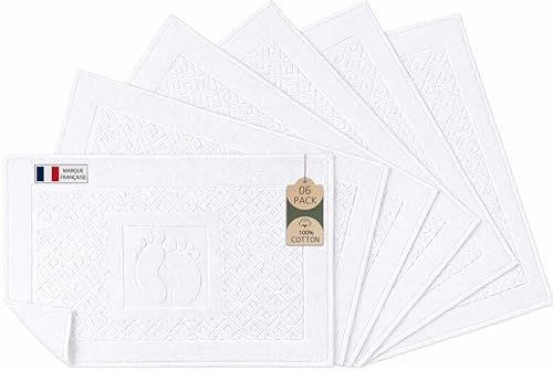 Caramont Lot de 6 Tapis de Bain 50x70 cm – 100% Coton, Doux et Absorbants, Séchage Rapide, Qualité Hôtelière – Blanc – pour Salle de Bain, Maison, Hôtel et Spa