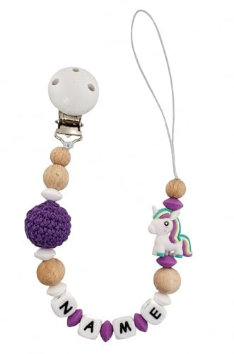 Individuell gestaltetes Babygeschenk personalisiertes Schnullerkette mit Namen für Mädchen oder Junge Baby Geschenk personalisiert zur Geburt & Taufe (Einhorn violett)