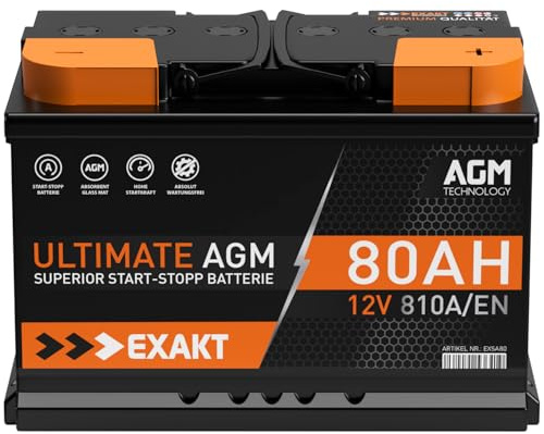 Exakt AGM Batterie 80Ah 12V Start-Stop Autobatterie VRLA ersetzt 70Ah 75Ah