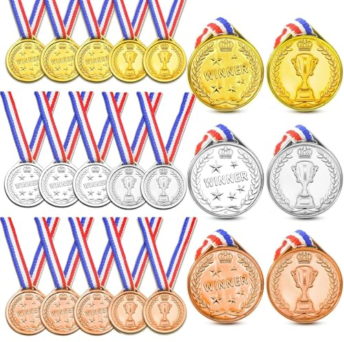Norhogo 30 Stück Olympia-Medaillen, Auszeichnungen zum Thema Sporttag, Goldmedaille mit Umhängeband, Kunststoffmedaille für Sport, Wettbewerbe, Feste, im Olympia-Stil, Gold, Silber, Bronze