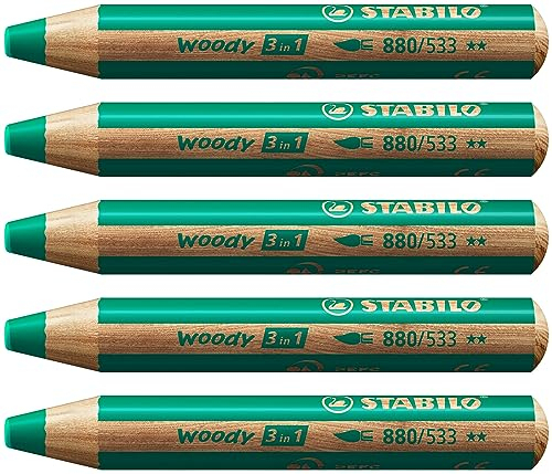 STABILO - Buntstift, Wasserfarbe & Wachsmalkreide - woody 3 in 1-5er Pack - dunkelgrün