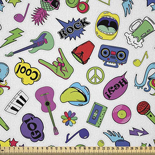ABAKUHAUS Emoji Stoff als Meterware, Bunter Musik-Themed, Microfaser Stoff für Dekoratives Basteln, 1M (230x100cm),Weiß Grün Blau