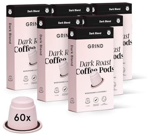 Grind Dark Coffee Pods – Pack of 60 Biodegradable Capsules – 100% Arabica – Nespresso® Original Compatible Capsules – Home Compostable – Barista Quality and Specialty Grade – Dark Roast