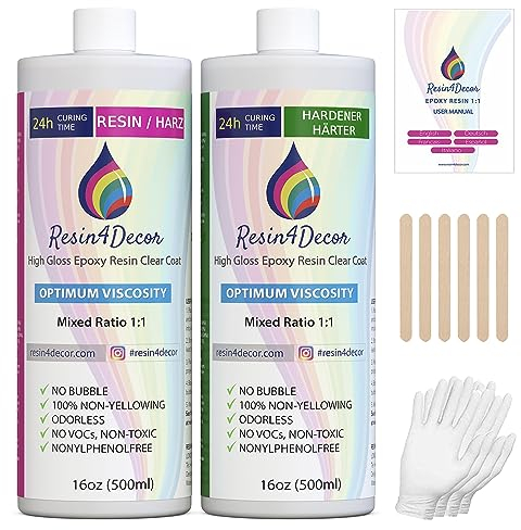 Epoxidharz Set RESIN4DECOR 1:1 Gusskristallklarer Gießharz Klebstoff für Kunsthandwerk Schmuck Formenbau Vergilbungsfrei Ungiftig 24 St Aushärtungszeit Geruchlos Resin Laminierharz - 1000ml