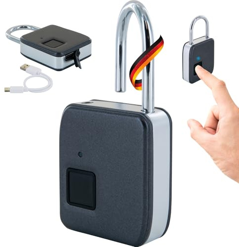 SCHWAIGER 715941 Cadenas à empreinte digitale Cadenas électronique Fingerprint étanche en alliage de zinc USB-C rechargeable, câble USB-C inclus