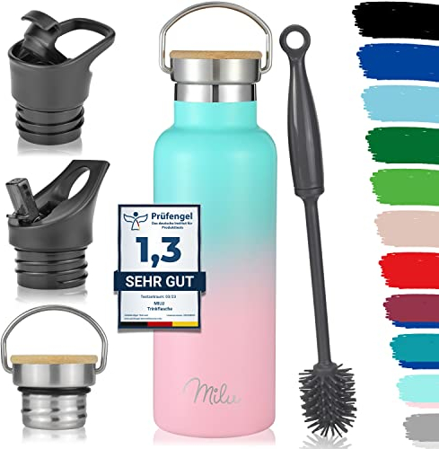 Milu Edelstahl Trinkflasche 500ml, 750ml, 1000ml (+3 Deckel) - Thermosflasche mit Strohhalm, Isolierte Wasserflasche, Auslaufsichere Isolierflasche doppelwandig, Kohlensäure geeignet (Mint Rosa, 0,5L)