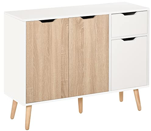 HOMCOM Buffet Meuble Rangement Scandinave 2 Placards Blanc Chêne Clair