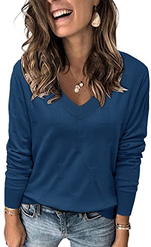 Arach&Cloz Jumpers for Women UK Long Sleeve V Neck Ladies Knitted Tops Casual Solid Sweater Blue, M