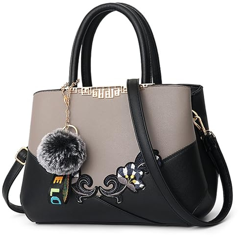 VARLIVOO Sac a Mains Femme Cuir PU Élégant Sac Bandouliere avec Broderie Florale Sacs à Main portés Main Classe avec Pendentif en Peluche pour Shopping Travail Voyage Fête Quotidien Gris B