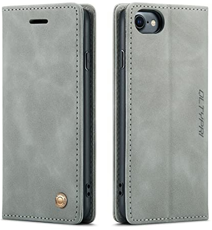 QLTYPRI Hülle für iPhone 7/8/SE 4,7 Zoll, Leder Klapphülle, Grau | Vintage PU Leder Hülle, Handyhülle mit 2 Kartenfächer, Standfunktion, Weicher TPU-Rahmen, Stoßfeste Flip Wallet Case