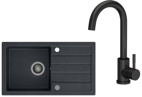 VBChome Spülbecken mit Armatur 77 x 44 cm Schwarz Spüle Einzelbecken Küche Einbauspüle Verbundspüle Küchenspüle gesprenkelt flächenbündig Siphon Waschbecken