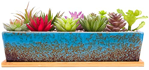 ARTKETTY Moderni Vasi Rettangolari in Ceramica per Piante Grasse, 30 CM, con Drenaggio, per Cactus e Bonsai, Decorazione Interni ed Esterni, Blu, Vaso e Sottovaso Inclusi