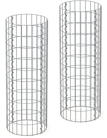 ECD Germany Gabionen-Säule Steinkorb 2er Set Ø35x100cm Rund verzinkter Stahl Maschenweite 5x10cm Drahtstärke 4mm Wetterfest Korrosionsbeständig Gabionenkorb Garten Gabionenwand Steingabionen Drahtkorb
