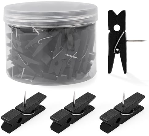 50pcs Black Wooden Push Pin Clips - Cute Decorative Push Pins for Cork Board, Pushpins Thumb Tacks for Bulletin Board, Artworks Notes Photos, Office Classroom Decor