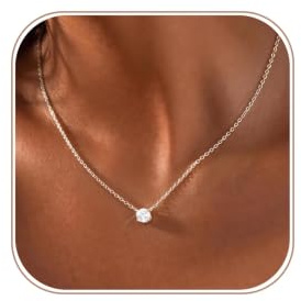 ASCOMY Dainty CZ Diamond Solitaire Pendant Necklace for Her 14K Gold Plated