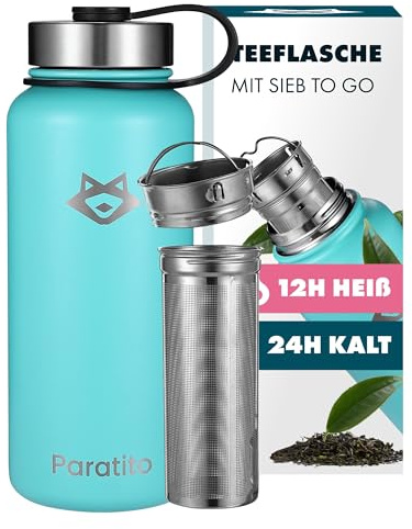 PARATITO® Teeflasche mit Sieb 1L, auslaufsicher bei Kohlensäure, spülmaschinenfest - Edelstahl Thermoskanne mit Teesieb to Go für Tee, Kaffee, Büro, Wandern, Yoga, Camping (Teesieb Bundle Blau)