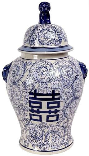 Fine Asianliving Pot à Gingembre Chinois Bleu Blanc Porcelaine Double Bonheur D25xH46cm Chinois Vase avec Couvercle Asiatique Jingdezhen Mandarin Décorative