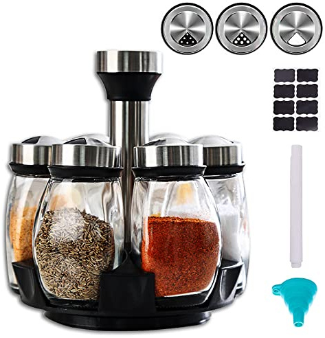 Drehbares Gewürzregal,Gewürzkarussell,6-Glas Gewürzhalter 360°Drehung Regal,Turm Set mit 6 Glas Gewürz Nachfüllbehälter Gläser für Schrank Arbeitsplatte Küche Kochen (Gewürze nicht inbegriffen)