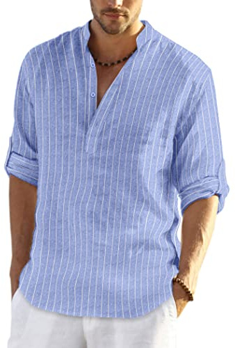 COOFANDY Camisa de Playa de Verano Informal de Manga Larga con Botones y Cuello Alto de Lino y algodón para Hombre Rayas Azules XXL