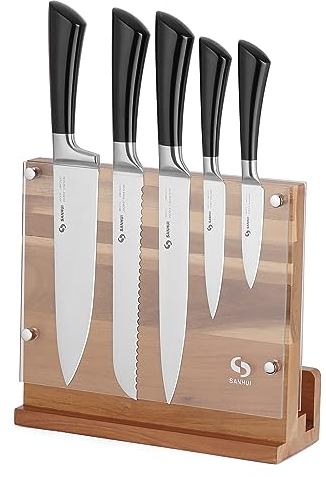 SANHUI 6-Piece Knife Block Set with 5 Kitchen Knives Stainless Steel and 1 Magnetic Knife Stand Acacia Wood Knives Holder Storage Rack