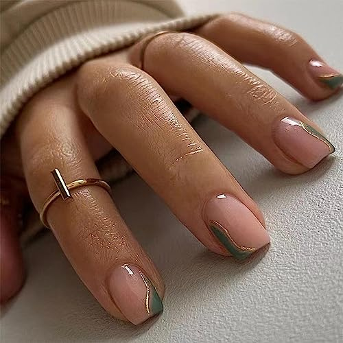 24pcs Short Square False Nails Green Edge Stick on Nails Nude Pink Press on Nail Removable Glue on Fake Nail Art Accessories for Women