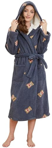 LYCY Damen Bademantel flauschig mit Kapuze, weicher niedlicher warmer Plüsch Morgenmantel Fleece für Frauen Lange bestickte Damen Loungewear (Bär-Dunkelgrau, S/M)