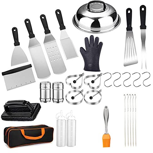 Tbkoeudhg Juego de accesorios para barbacoa de 31 piezas, accesorios para barbacoas planas, juego de accesorios para barbacoas planas y espátulas para barbacoa