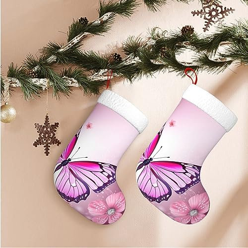 TOMPPY Weihnachtsstrümpfe, rosa Schmetterling, bedruckt, weißer Plüsch, Manschette, Kamin, Weihnachtsstrümpfe, hängende Strümpfe für Familie, Urlaub, Weihnachten, Party, Dekorationen (45 cm, 1 Stück)