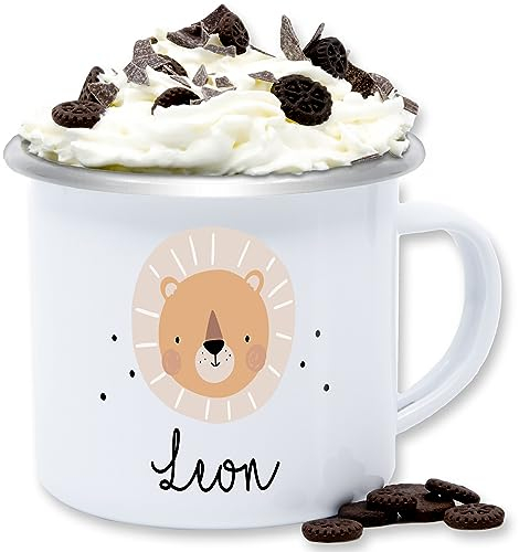 Emaille Tasse Blechtasse - Süßes Löwenmotiv Geschenk Löwe Geschenke Löwen I König der Tiere - 300 ml - Weiß Silber - name tier lion leon leo löwenkopf lions loewen löwe. personalisierte