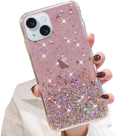 LCHULLE Glitter Cover per iPhone 15 Brillante Silicone Custodia,Rosa | Trasparente Cover con Brillantini,Glitter Custodia Antiurto Protettivo,Clear Case TPU Cover per Ragazze e Donne