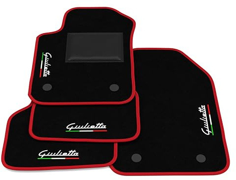 Tappetini compatibili con Alfa Romeo Giulietta, ricamo Giulietta bandiera Ita, kit tappetini auto personalizzati, set tappeti in moquette, bordo rosso