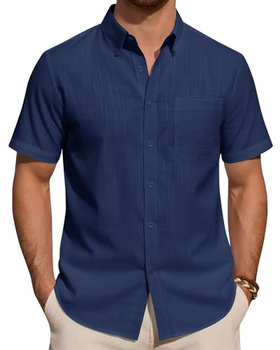 J.VER Leinenhemd Herren Kurzarmhemd Sommer Freizeithemd Button Down Hemden Männer Baumwolle Business Hemd Dunkelblau XL