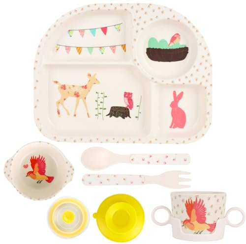 LOMUG Kindergeschirr Set, ohne melamin, 5-teiliges Geschirr Set mit Saugnapf,Baby Menü Tablett, Baby Teller, rutschfest BPA Frei, Teller, Becher mit Deckel, Löffel, Gabel für Kinder, Spülmaschinenfest