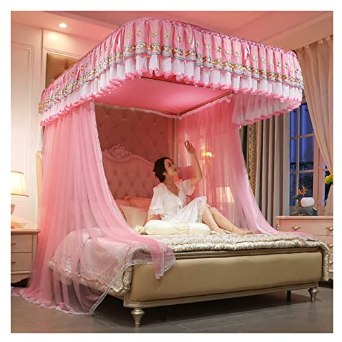 Stickerei Spitze Erhöhung Bodenstehende U-förmige Schiene Moskitonetz Korean Palace Upgrade Halterung Himmelbett Vorhänge (Farbe: Rosa, Größe: 200 * 220 cm)