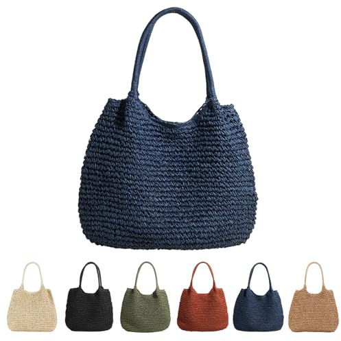 CXINLky Bolso de Paja de Verano para Mujer, Gran Capacidad, Estilo Bohemio Trenzado, Bolsa de Playa