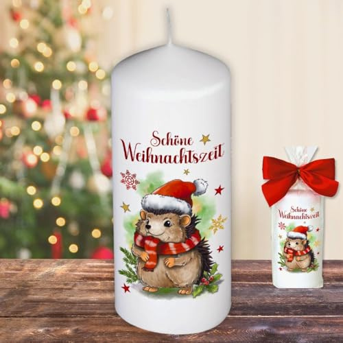 Motivkerze Tiere Stumpenkerze – Schöne Weihnachtszeit Igel - Kerze in Geschenkverpackung mit Schleife | moderne Motive Herbstmotiv Wintermotiv auf Tattoofolie Schiebefolie