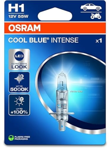 OSRAM COOL BLUE® INTENSE H1, +100% mehr Helligkeit, bis zu 5.000K, Halogen-Scheinwerferlampe, LED-Look, Einzelblister (1 Lampe)